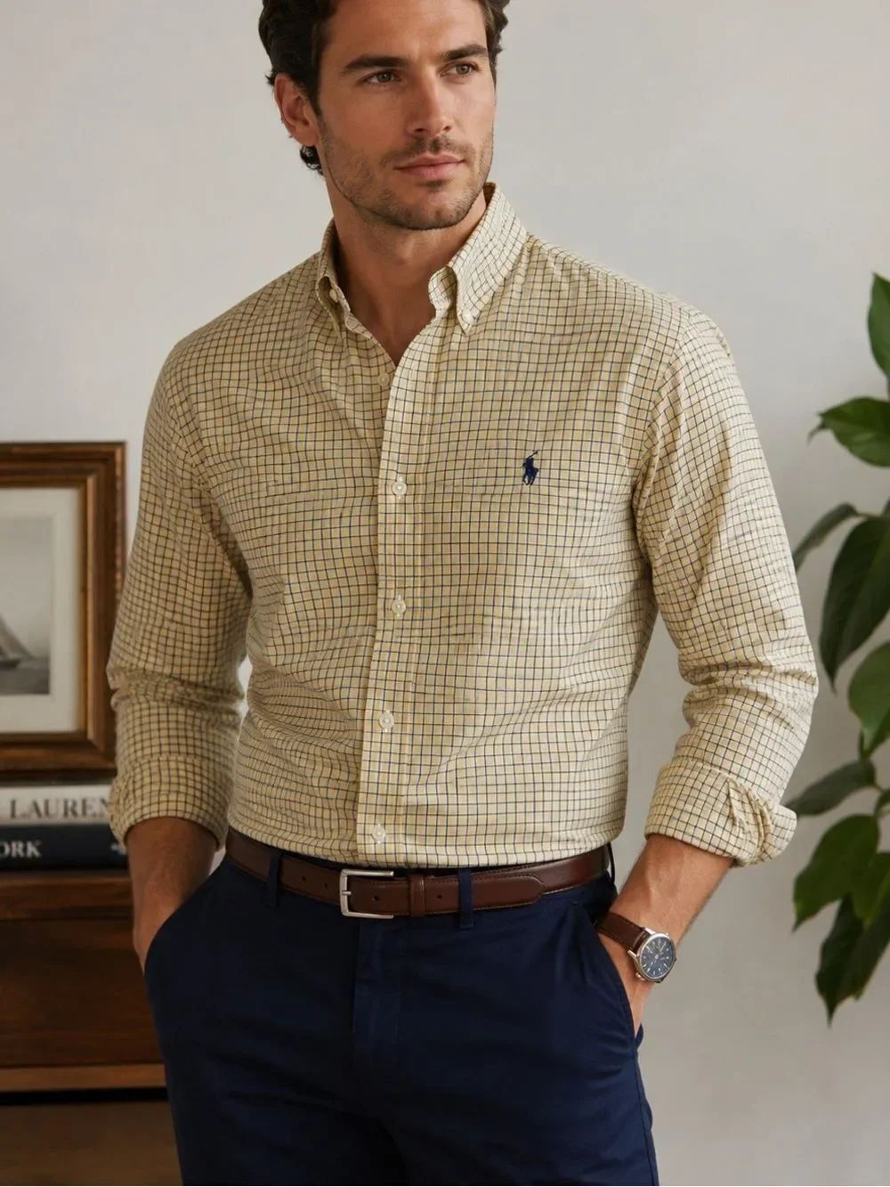 Ralph Lauren Custom Fit Yellow Blue Check Button Down Shirt Size 16 Vintage